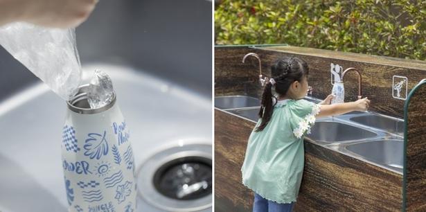 対象施設で無料の氷をもらって、ウォーターステーションで冷たい水を補給! 撮影:樋口涼