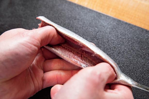 いわしのさばき方2　腹側から中骨の上にまん中から親指を入れ、両脇へとゆっくり開く レシピ考案／笠原将弘　撮影／広瀬貴子