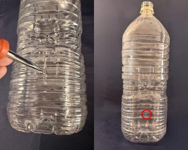 ペットボトルの底から6㎝の部分に穴を開けると…（▶次へ） 撮影／ゆき
