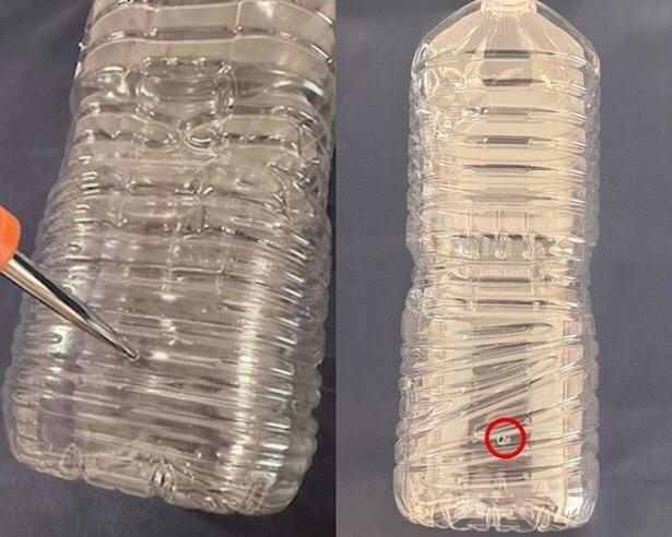 2ℓペットボトルの底から4㎝のところにキリで穴を開ける（▶次へ） 撮影／ゆき
