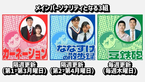 『となりのカインズさん ポッドキャスト』メインパーソナリティを務めるカーネーション、ななすけの散歩録、豆鉄砲の3組