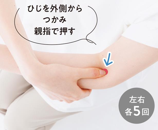 ひじを外側からつかみ親指で押す 撮影／山上 忠