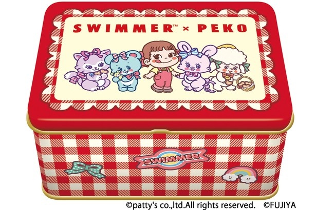 ハートクッキーとダイカットステッカーが入った「SWIMMER×PEKOコラボハートクッキー缶」(1320円) (C)patty's co.,ltd.All rights reserved. (C)FUJIYA