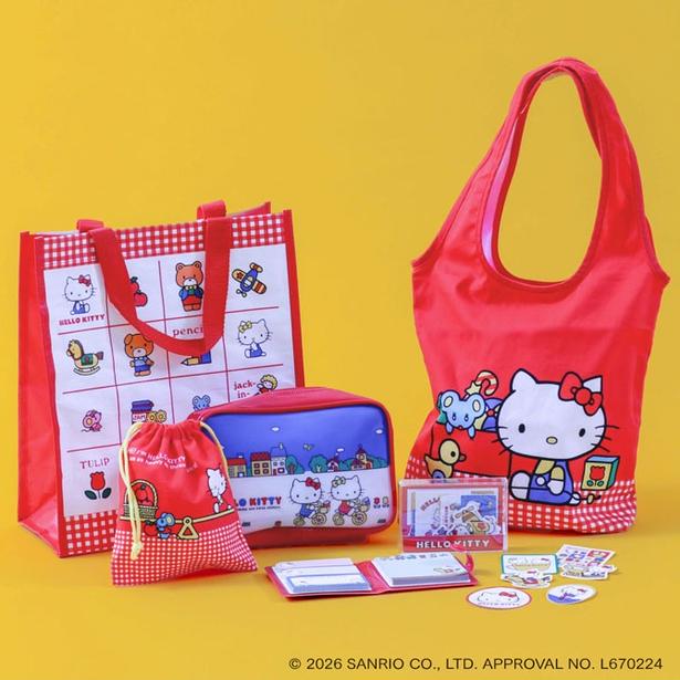赤と白を基調としたカラフルなデザインが特徴的。「HELLO KITTY」誕生当初のグッズをほうふつとさせるアイテムも登場！ (C)2026 SANRIO CO., LTD. APPROVAL No.L670224