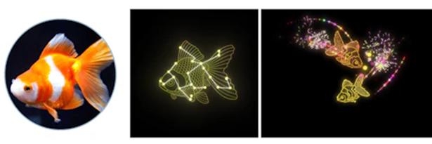 リュウキン(金魚)…泳ぎに合わせてうろこが光を反射して輝き、花火へと変化していく