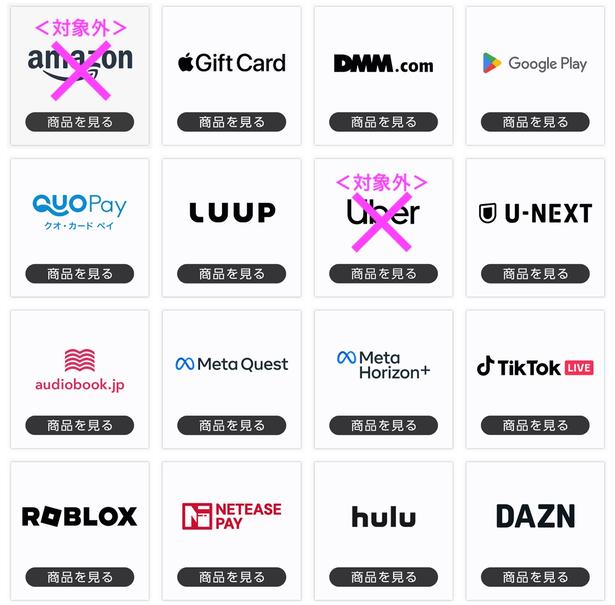 対象のブランドギフトカード（AmazonとUberは対象外）