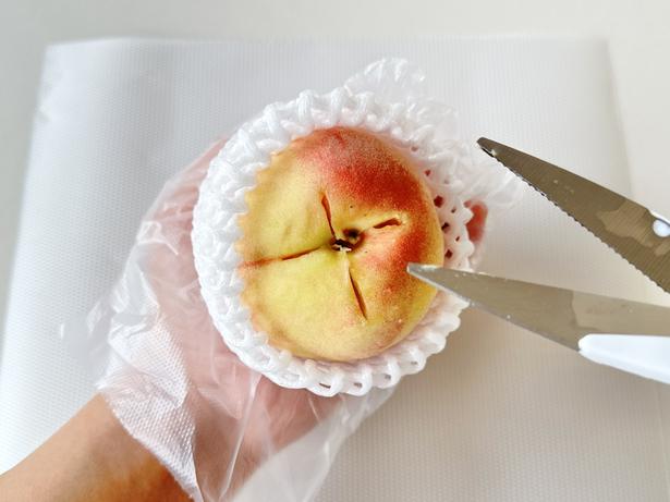 キッチンバサミで十字になるように切り込みを入れます（▶次へ） 撮影／ひとか
