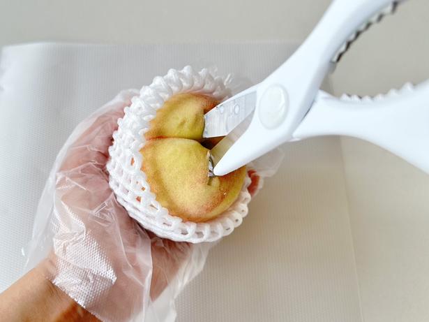 切れ目からキッチンバサミを差し込んで、刃先で種をはさんで…（▶次へ） 撮影／ひとか