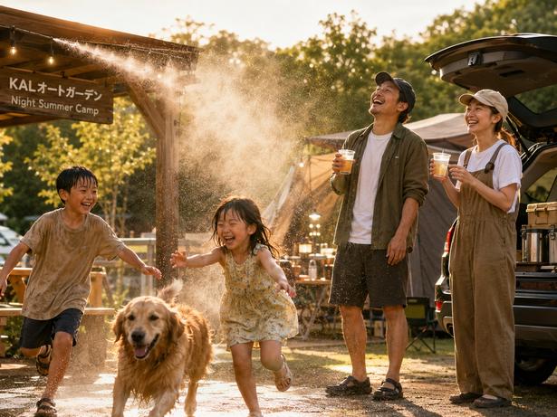 受付の出迎えミストで、家族・愛犬も大はしゃぎ！