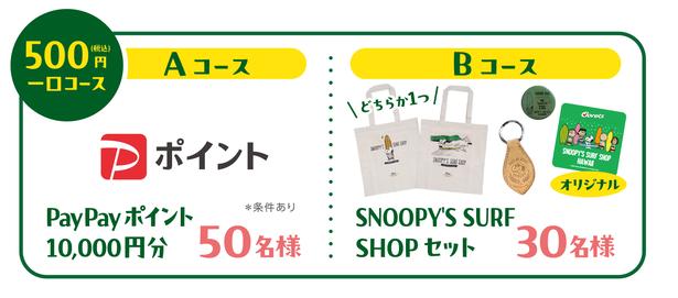500円コースはAコース(PayPayポイント1万円分)とBコース(SNOOPY'S SURF SHOPセット)の2種類