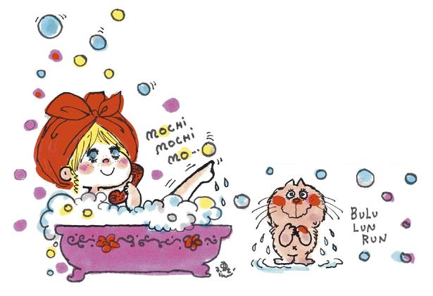 亜土ちゃんの世界観がバスタイムに！泡いっぱいのバスタイムを楽しむ女の子とねこのイラスト