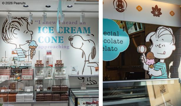 店内はチョコミントを思わせる配色と水色のイメージのライナスがモチーフ