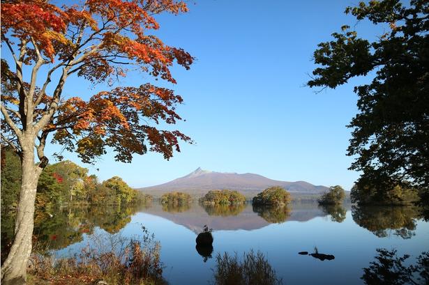 西大島から望む大沼湖、紅葉と湖の絶景が広がる/大沼公園(散策路、大沼湖畔)の紅葉 画像提供：七飯大沼国際観光コンベンション協会