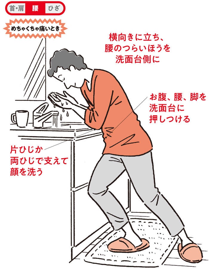 朝の洗顔が腰にくる！ 「洗面台に全体重」「キッチンの流し台で」など、痛みが消える動作（3）