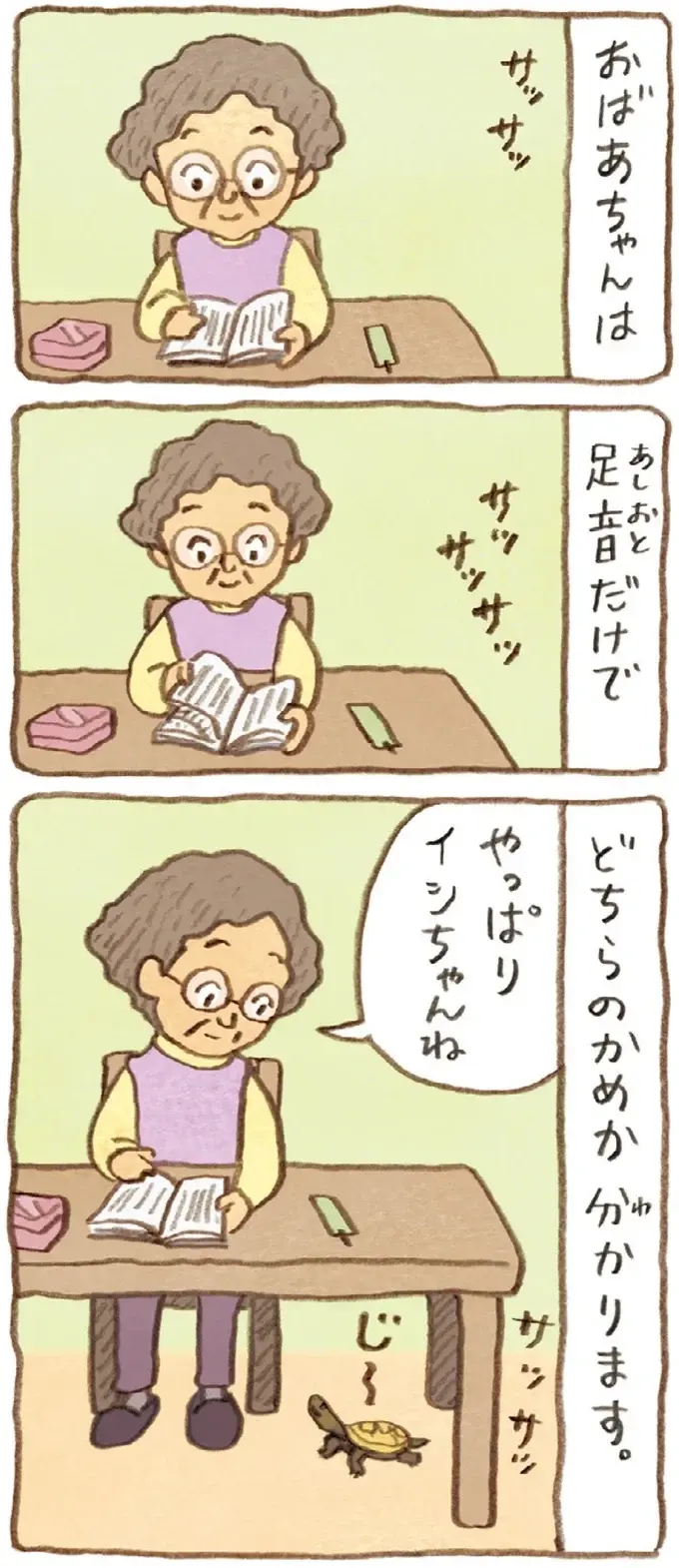 足音でどっちのかめか分かるおばあちゃん。今日は足音がしないと探してみたら？／おばあちゃんとかめ（4）