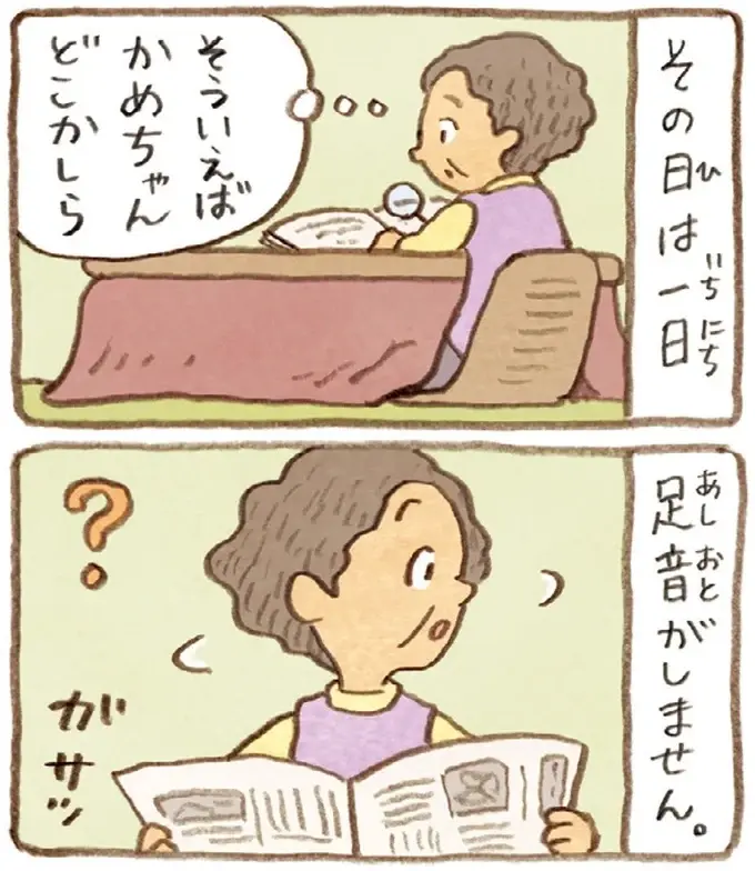 足音でどっちのかめか分かるおばあちゃん。今日は足音がしないと探してみたら？／おばあちゃんとかめ（8）
