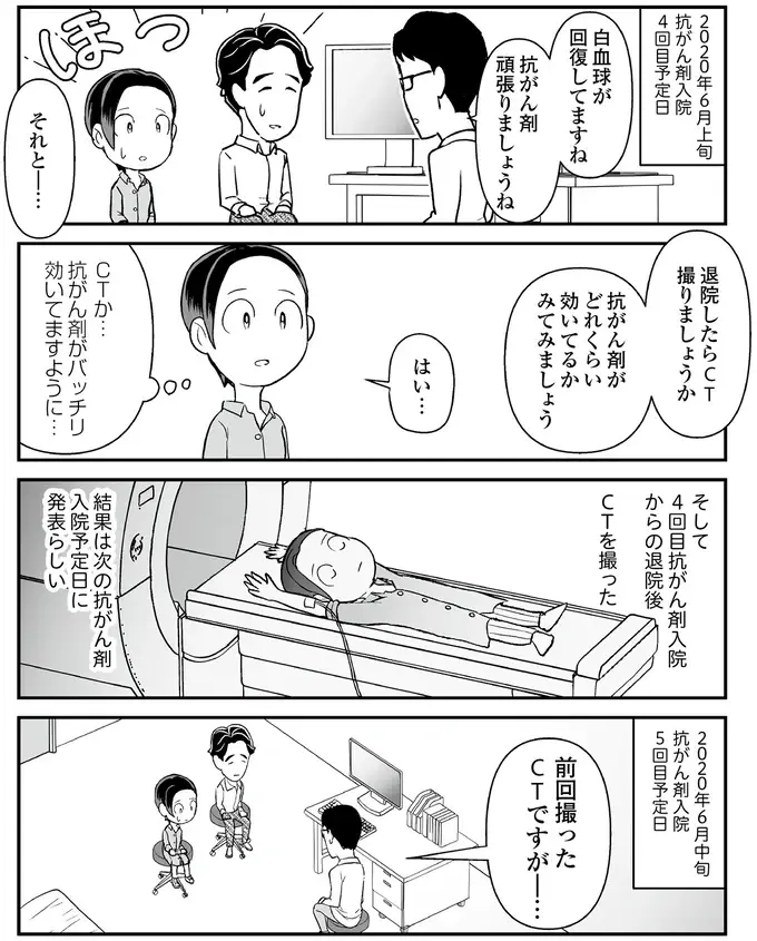 4回目の抗がん剤入院。「効いていますように」祈るようにCT撮影したら結果は...／痔だと思ったら大腸がんステージ4でした（4）