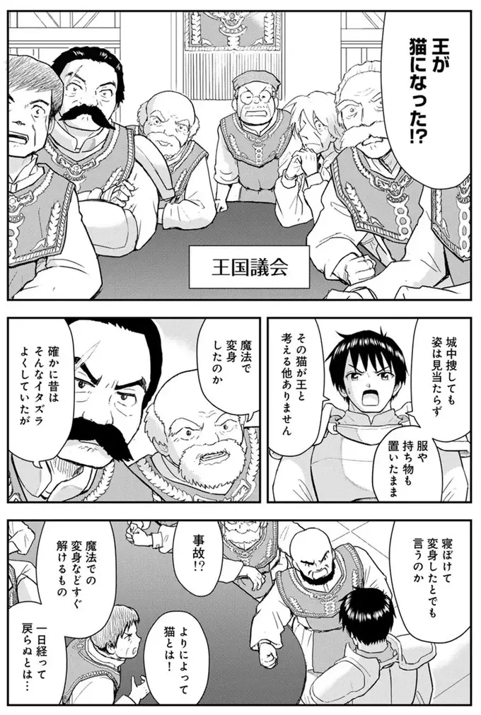 「王が猫になった!?」魔法で王様が美猫に変身してしまった様子。従臣たちの反応は...／王が猫になった（2）
