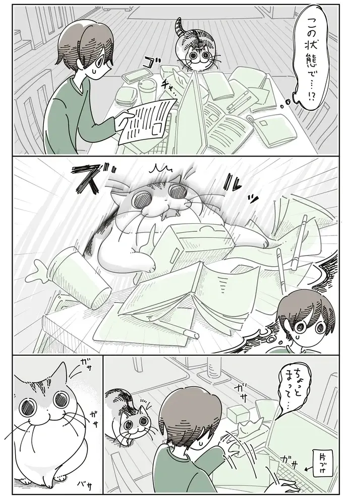 愛猫が今にも散らかった机に飛び乗ろうとしてる⁉ でも飼い主が慌てて片づけると...／夜は猫といっしょ7（4）