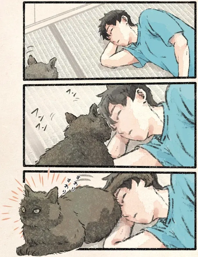 「におい嗅いでもいいぞ」ネコ様の無言アピール。眠る飼い主の顔面に...!?／今日もネコ様の圧が強い2（2）