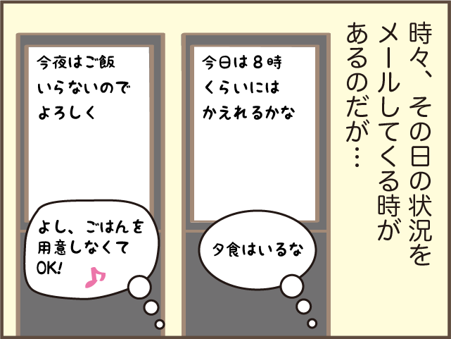 「遅くなります」って、夕食はいるの？ 肝心なことが分からない夫のメール／しまえもん（5）