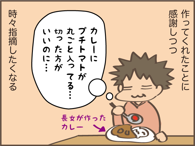 「カレーにプチトマト丸ごと？」料理を作ってくれた娘に控えめに指摘したけど...／しまえもん（1）