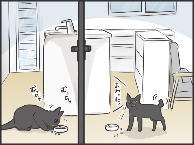隣のキャットフードはおいしく見える!? シニア猫と子猫の「食事問題」／フニャコ（3）