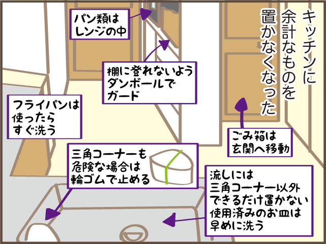 「にゃあさん、やめて！」猫がキッチンでゴミ箱あさり...我が家の対策は？／しまえもん（8）
