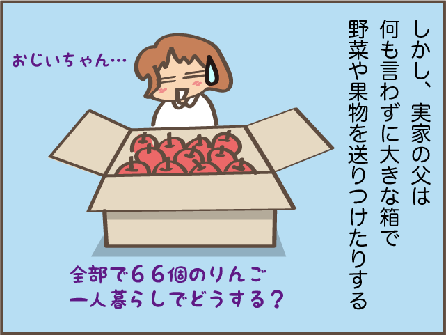 実家の父から届く荷物に困惑。一人暮らしの孫に、何も言わずそんなに大量に送っても...！／しまえもん（4）