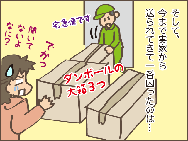 実家の父から届く荷物に困惑。一人暮らしの孫に、何も言わずそんなに大量に送っても...！／しまえもん（7）