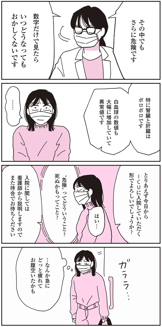 「腎臓と肝臓はボロボロです」真剣な表情の医師。倒れてICUに入った70代父は、予断を許さない状況で／父が全裸で倒れてた。（4）
