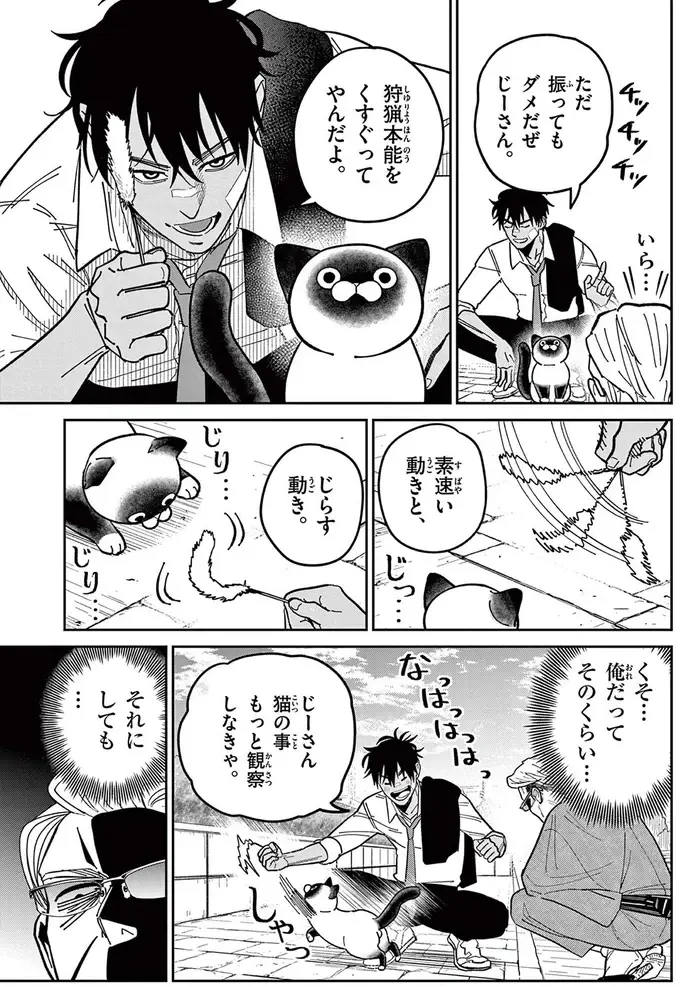 「ホイホイ食いつきやがって」知らない男の猫じゃらしに夢中な野良猫にショック！／オヤジとにゃん吉（8）