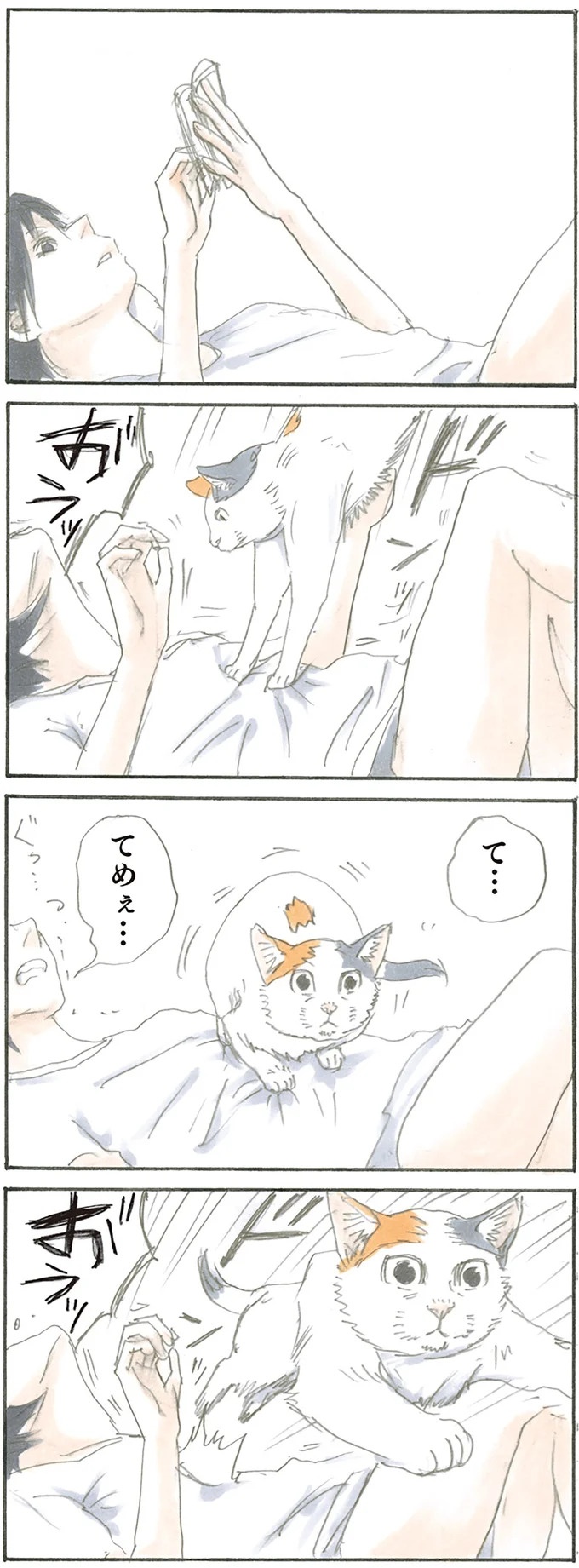 猫は飼い主に容赦なし。油断していたお腹の上にドンッ、からの…！／拾い猫のモチャ1（画像2/62枚目）