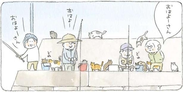 島の猫たちの日常。「一匹も釣れてないにゃ」釣果をチェックしながら港を移動して／ねことじいちゃん3