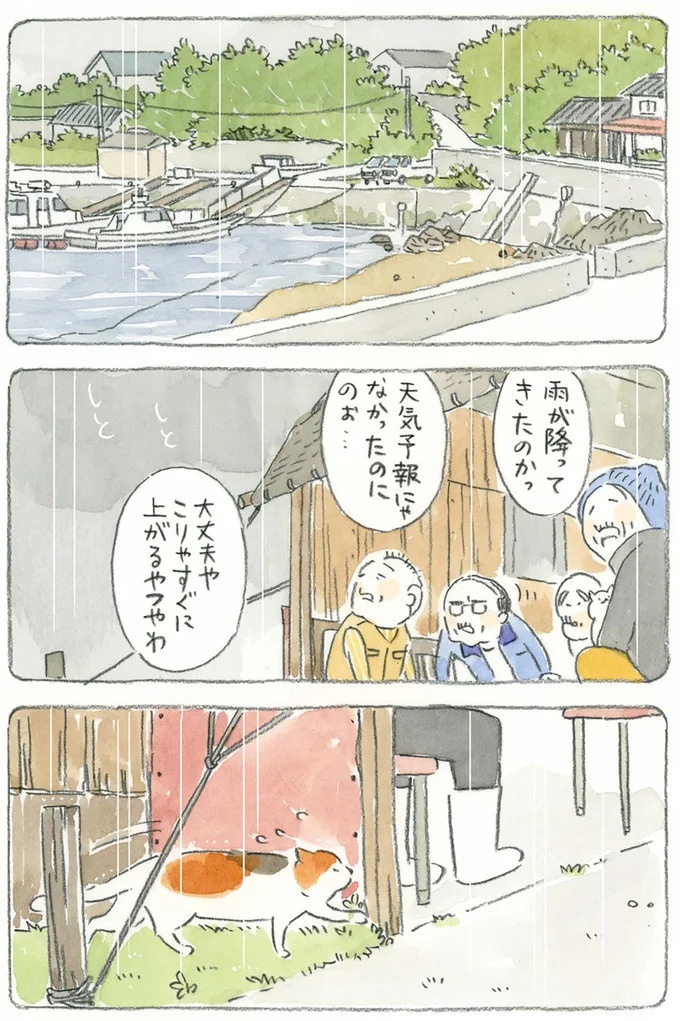 通り雨にじいちゃんと猫が仲良く雨宿り。ここは、じいちゃんとばあちゃんと猫の町／ねことじいちゃん4（画像4枚目）