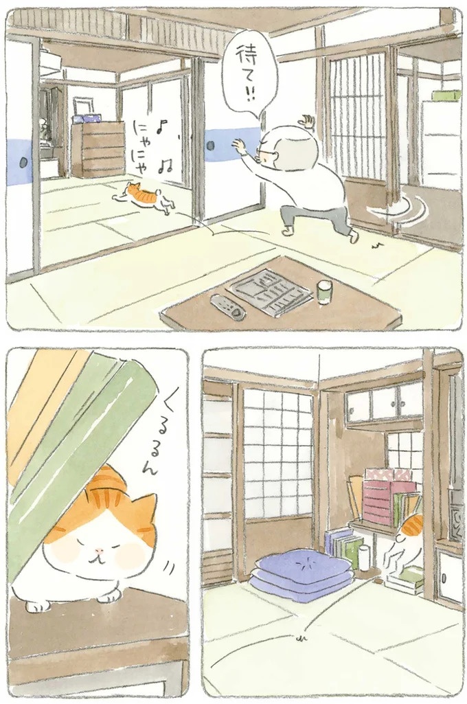 通り雨にじいちゃんと猫が仲良く雨宿り。ここは、じいちゃんとばあちゃんと猫の町／ねことじいちゃん4（画像16/187枚目）