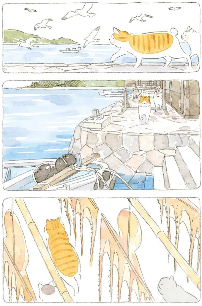 通り雨にじいちゃんと猫が仲良く雨宿り。ここは、じいちゃんとばあちゃんと猫の町／ねことじいちゃん4（画像123/187枚目）