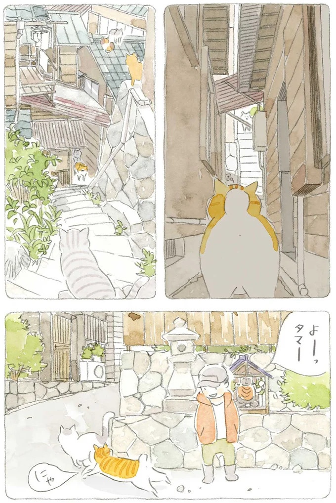 通り雨にじいちゃんと猫が仲良く雨宿り。ここは、じいちゃんとばあちゃんと猫の町／ねことじいちゃん4（画像126/187枚目）