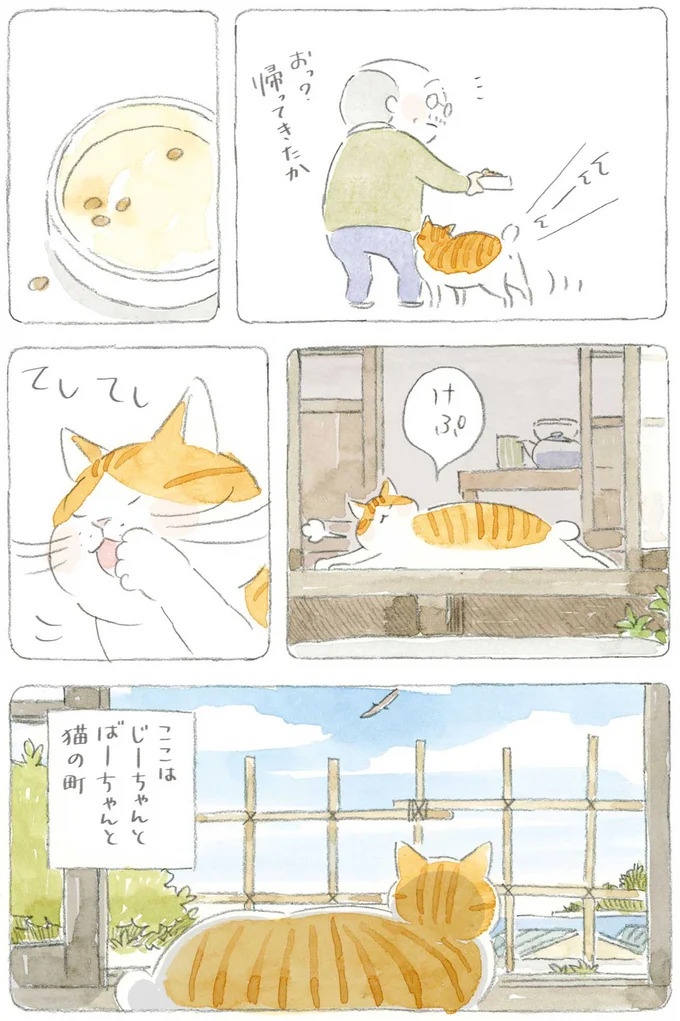通り雨にじいちゃんと猫が仲良く雨宿り。ここは、じいちゃんとばあちゃんと猫の町／ねことじいちゃん4（画像131/187枚目）