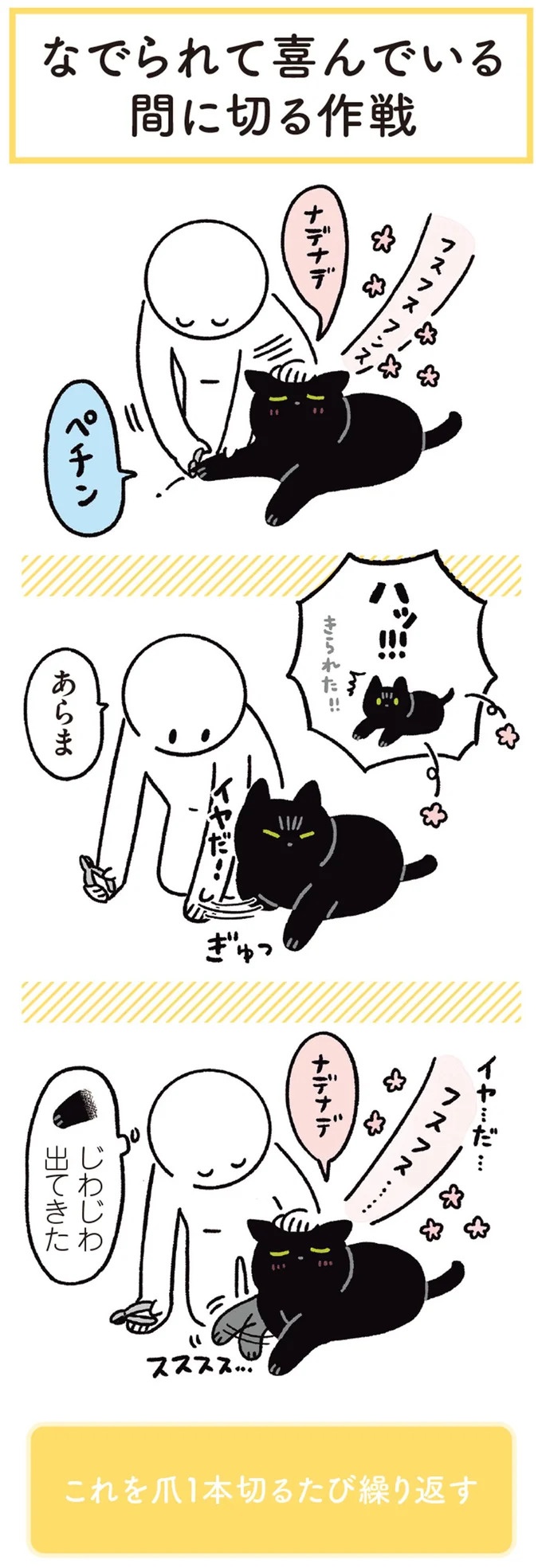 爪を切られるのがイヤな愛猫。でも、おでこを撫でられると嬉しくて隠した手がスススと／黒猫ろんと暮らしたら3（画像4枚目）